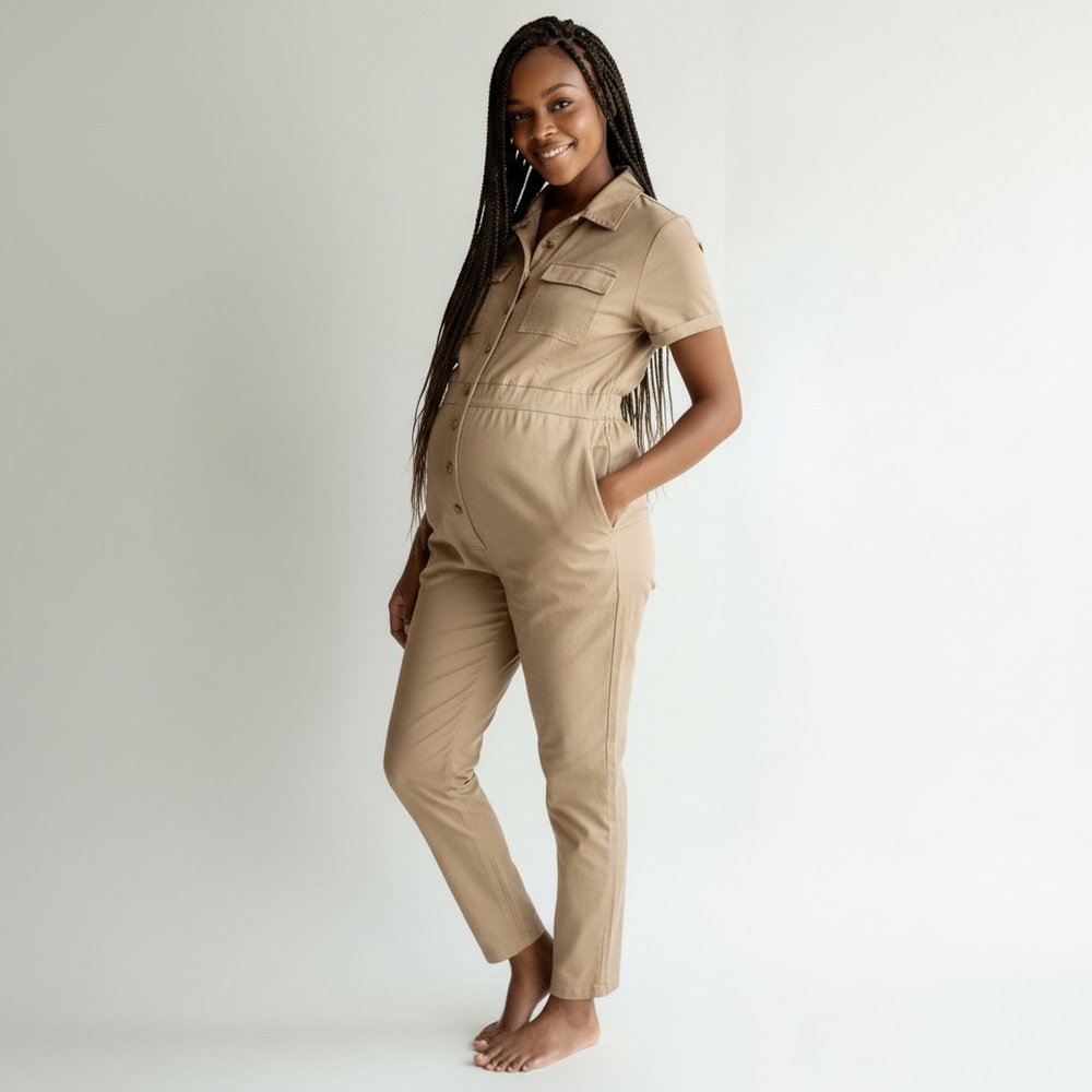Isabel Maternity Tan Short-sleeve Utility Jumpsuit NWT - Picture 4 of 13